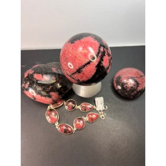 New Rhodonite free form sterling silver link bracelet - Picture 10 of 11